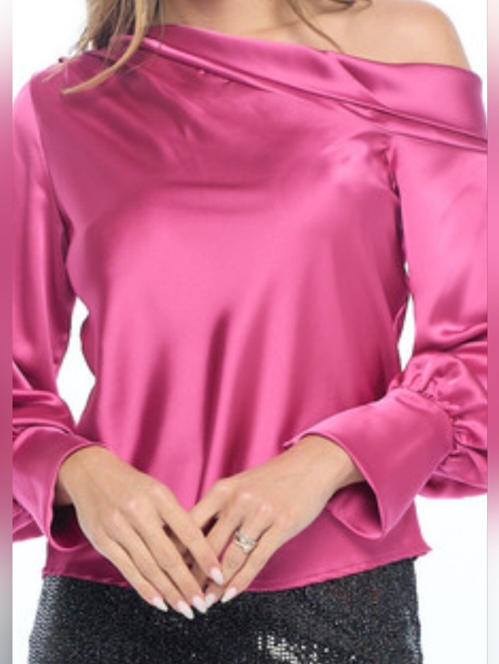 Zaful Off-Shoulder Satin Blouse in Fuchsia Pink